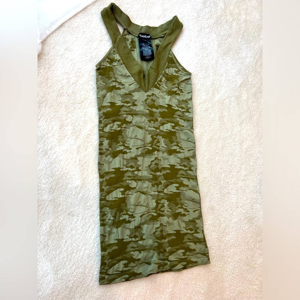 Bebe Olive Camo Stretchy Sleeveless V-Neck Mini Dress